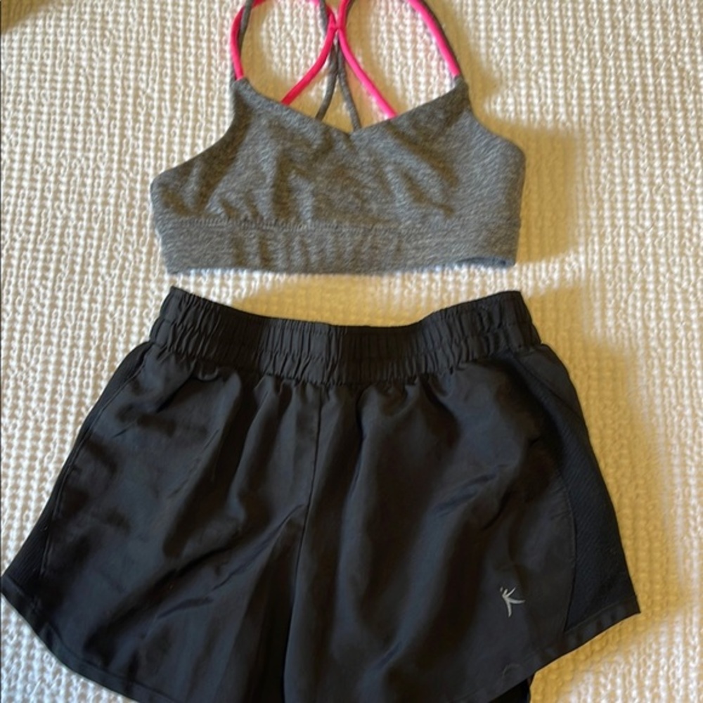 Gray and Black Athletic Set with Pink Straps